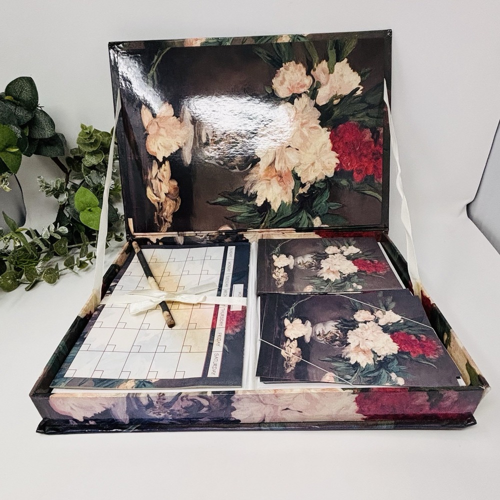Vintage Manet Vase with Peonies Stationery Box Set Writing Paper Desk Organizer